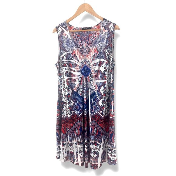 Red White Blue Abstract Sublimation Embellished Dress Size 1X 16‎ 18 Summer Plus - Picture 8 of 10